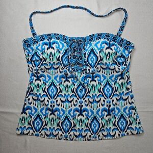 New Directions Women Blue Ikat Print Lace Up Tankini Swim Top Size M